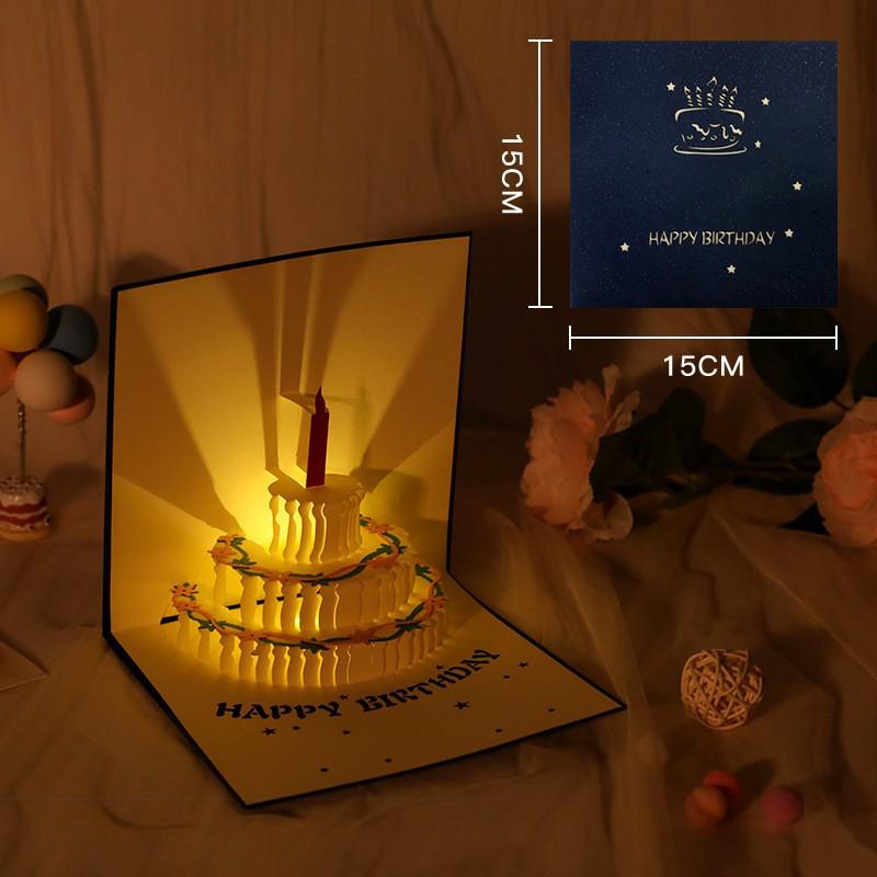 Handmade 3D Blue Birthday Card with Music and Cake Design – Elegant Gift for Friends