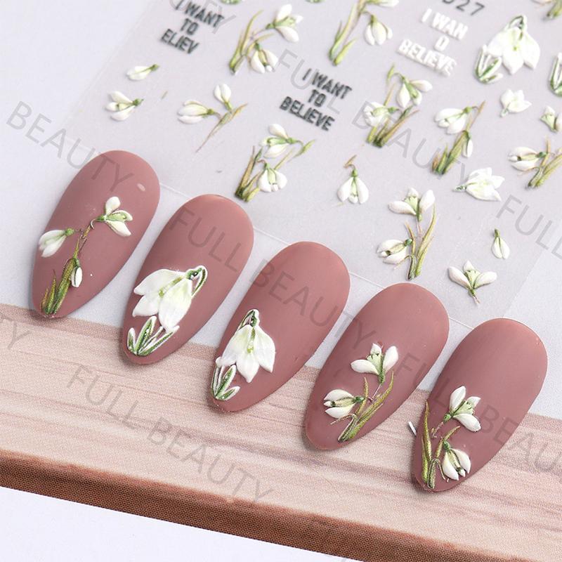Snøklokke Nail Sticker Spring Flower Campanula 5D Preget Glider White Flora