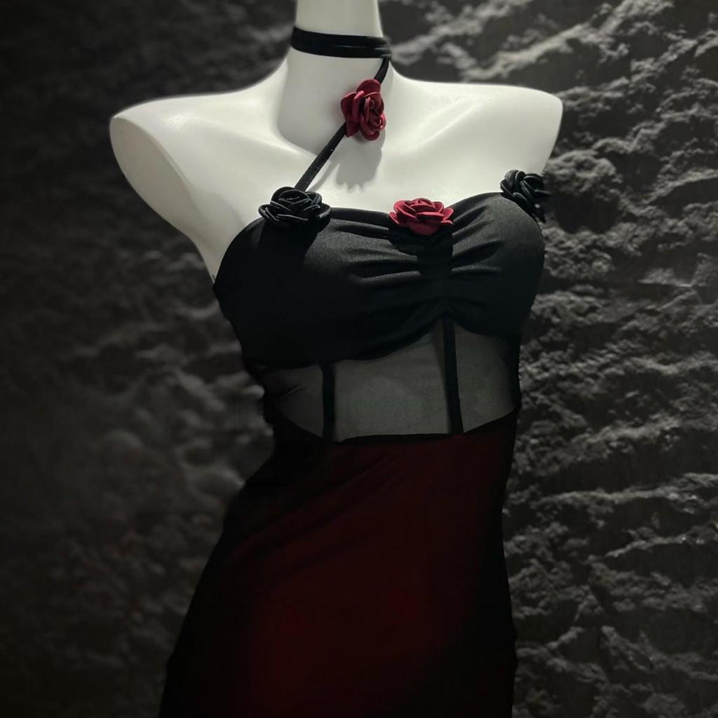 Dunkler Stil Sexy Mesh Rose Neckholder Bodycon Kleid für Frauen - Reif, Vielseitig, High-End Design