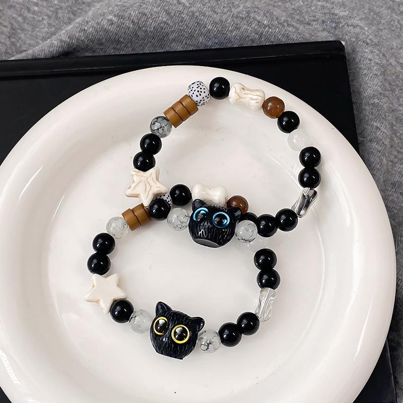 Cute Black Cat Beaded Bracelet For Women Men Black White Beads Cartoon Animal Couple Bracelet Trendy Jewelry Lovers Gift