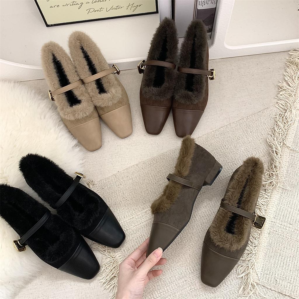 Pantofi francezi de pluș cu toc mic Pantofi Mary Jane singuri Pantofi de damă Sezon Pantofi caldi din bumbac Seara