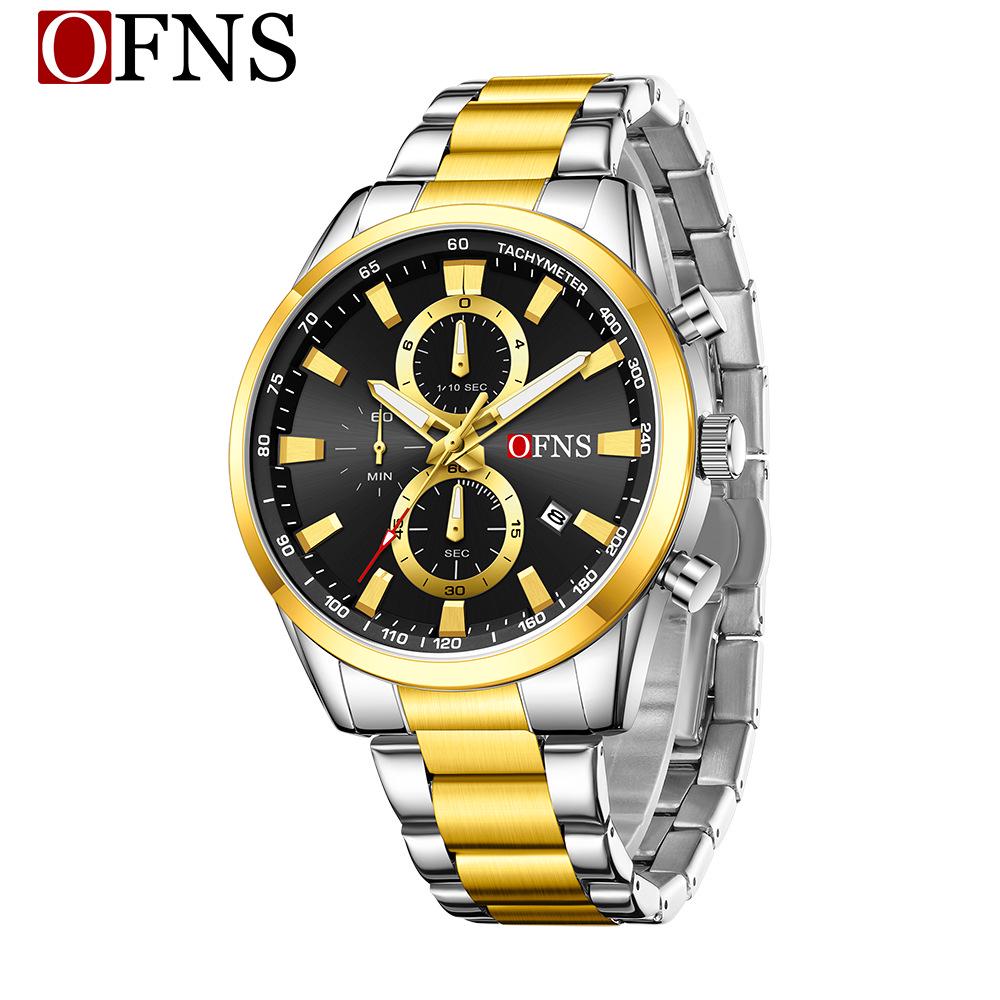 OFNS Cross-Border Men's Multifunctional Luminous Watch with Calendar and Sunburst Dial, Three Eyes, Six Hands, Waterproof.