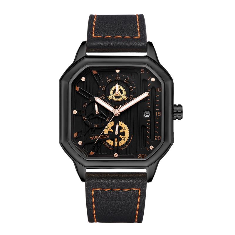 Yashidun Men s Square Waterproof Watch with Luminous Dial, Leather Strap, and Calendar