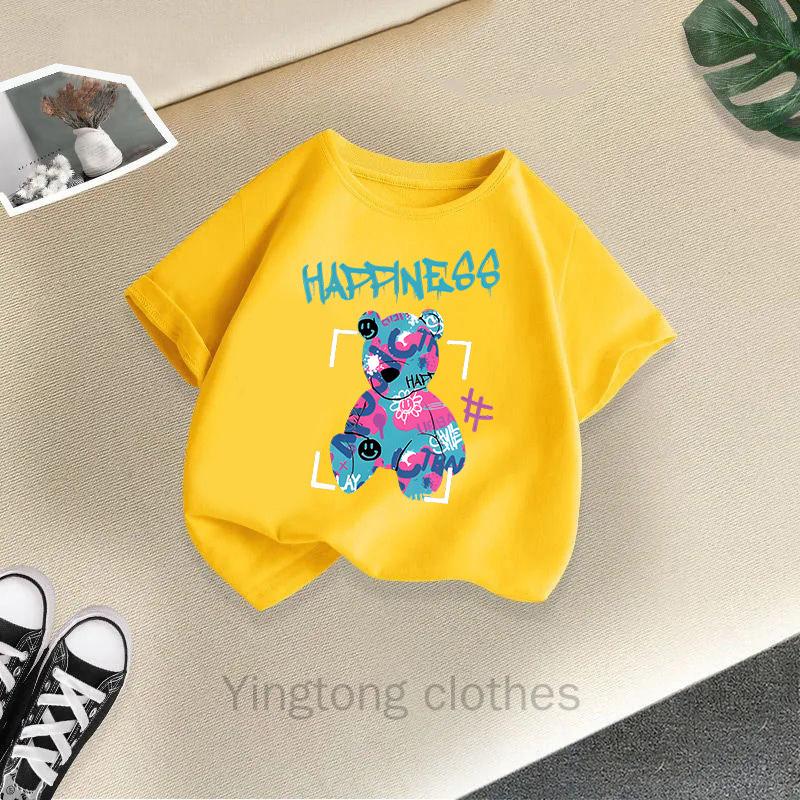 Summer Clothes for Boys and Girls, Short Sleeved T-shirts, Summer New Styles, Teddy Bear Printed Girls' Tops, Children's Clothing Trend