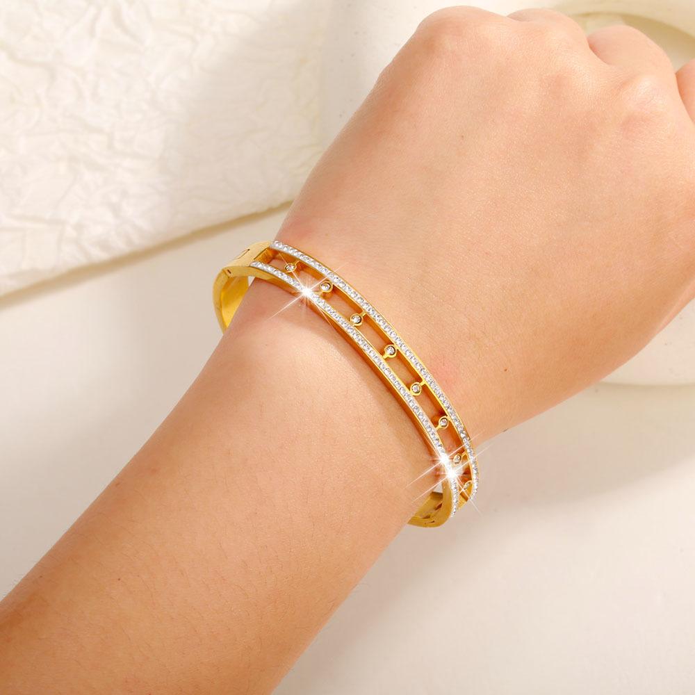 Titanium Steel Grid Hollow Bangle Bracelet Women Rhinestone Starry Fashion Jewelry Trendy Accessories for Gift