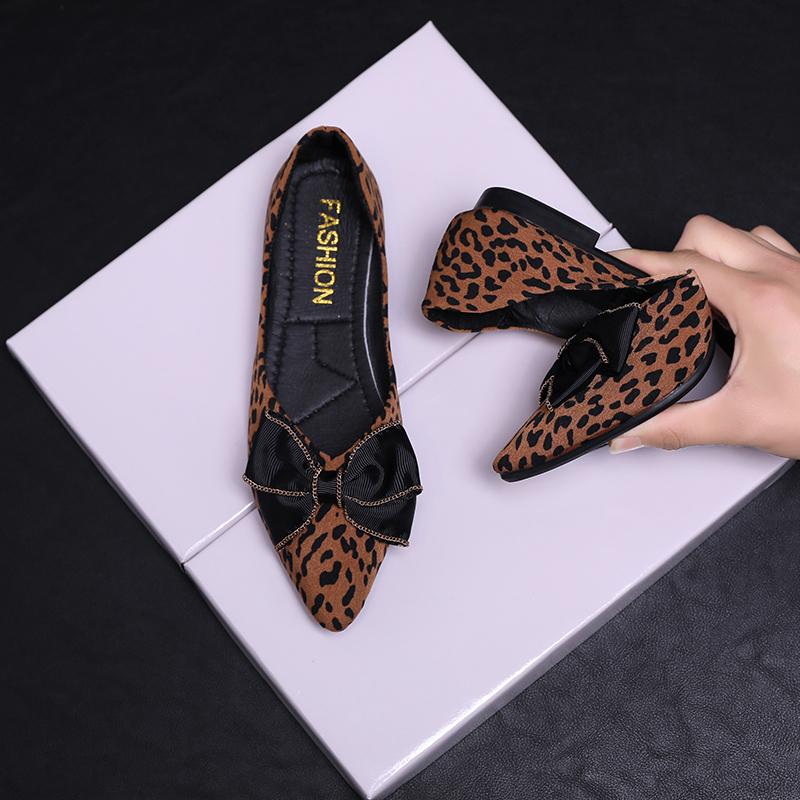 New Style Women Flats Pointed Toe Boat Shoes Leopard Slip on Flat Shoes Woman Loafers Big Bow Ballet Flats Comfort Ladies Shoes