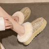 Fashion Gold Shiny Sequin Ankle Boots Women Faux Fur Comfort Thick Sole Non Slip Snow Boots Winter Plus Size Thicken Plush Cotton Boots