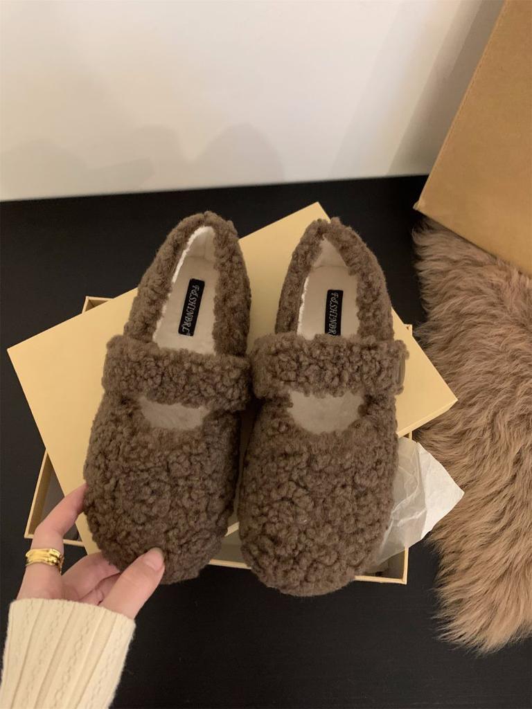 Flat-bottomed Versatile Mary Jane Fluffy Shoes Women's Shoes Wear 2025 New Autumn and Winter Foreign Style Velvet Cotton Shoes Single Shoes