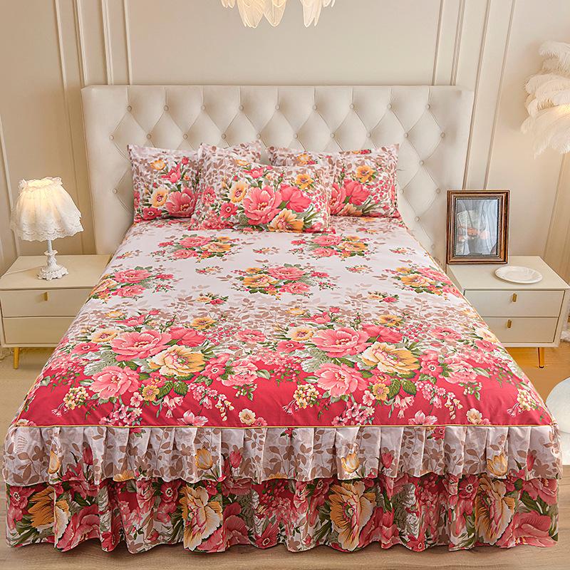 3pcs Modern Korean Floral Bed Skirt Set with Lotus Leaf Embellishments and Princess Floral Pattern, All-Season Brushed Light Beige-Friendly Bedding