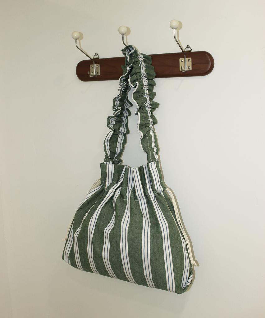 A By A Linen Stripe Shirred Bucket Bag Green