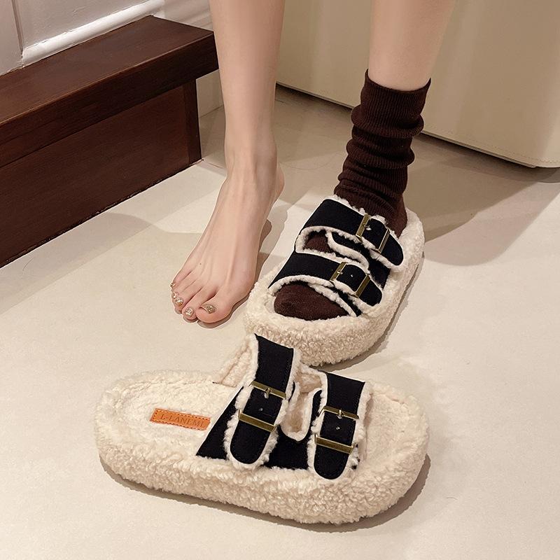 Thick-bottomed versatile fluffy slippers, new in autumn and winter 2025, one-word with velvet casual cotton slippers, one-pedal slippers