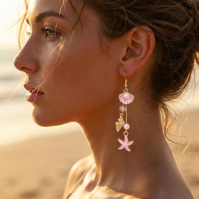 Exquisite Boucles d'Oreilles à Pompons Coquillage & Étoile de Mer pour Femmes – Polyvalentes, Style Bord de Mer de Niche