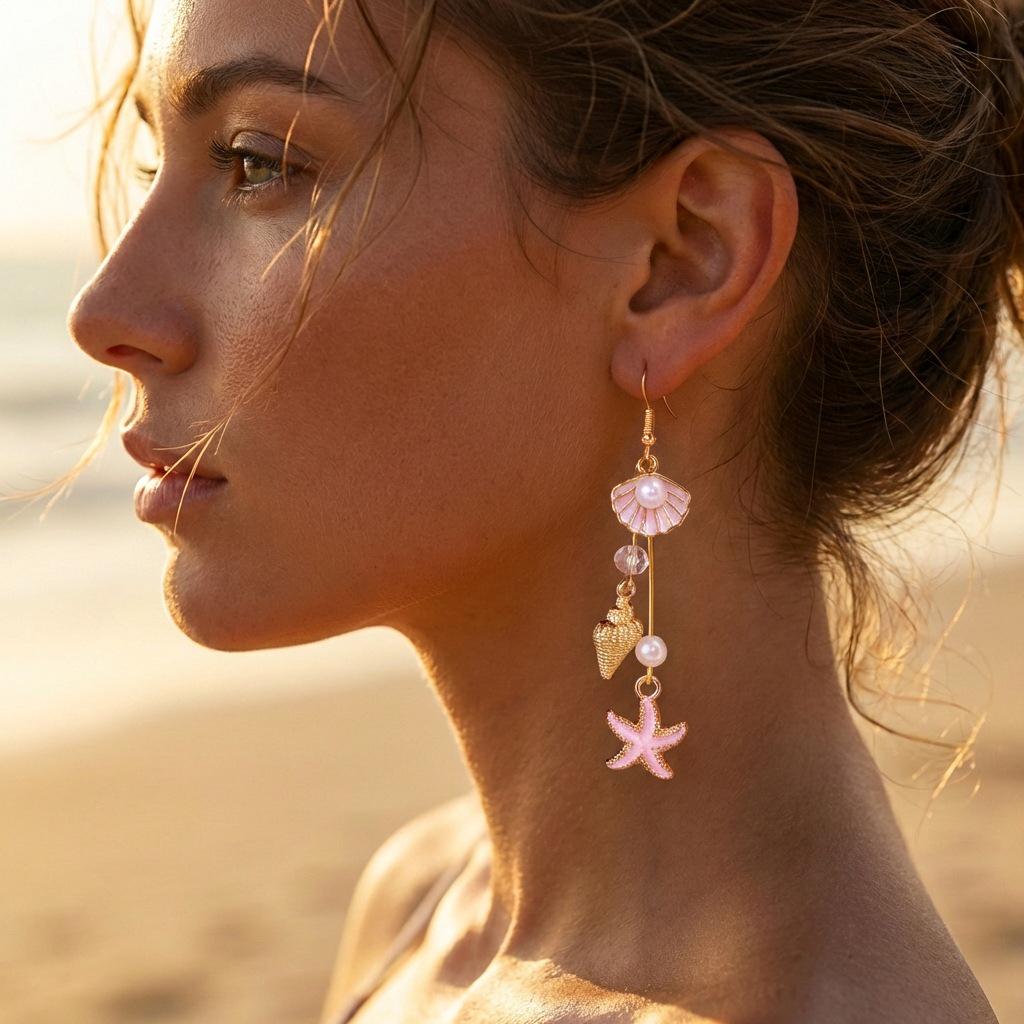 Exquisite Boucles d'Oreilles à Pompons Coquillage & Étoile de Mer pour Femmes – Polyvalentes, Style Bord de Mer de Niche