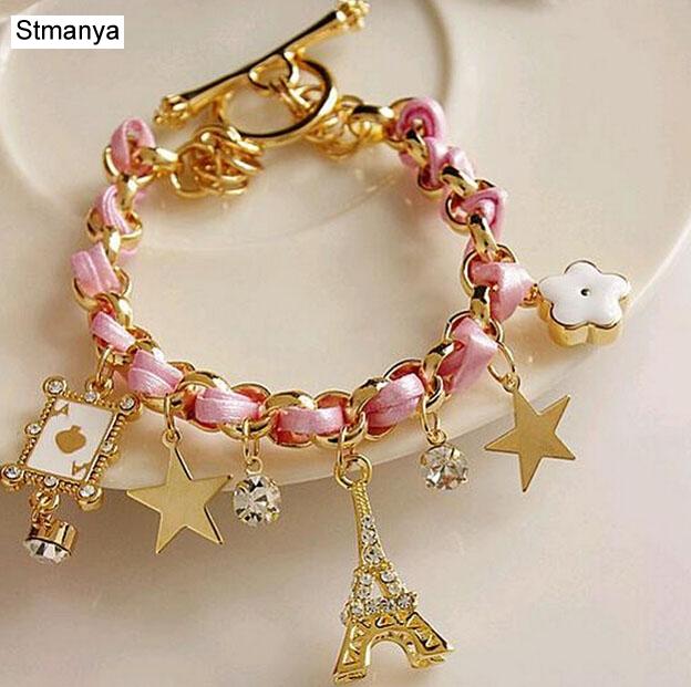 NEW Fashion Rope Chain Decoration Bracelet For Girl multicolor Eiffel Tower star poker Pendant Bangle Wholesale #18040