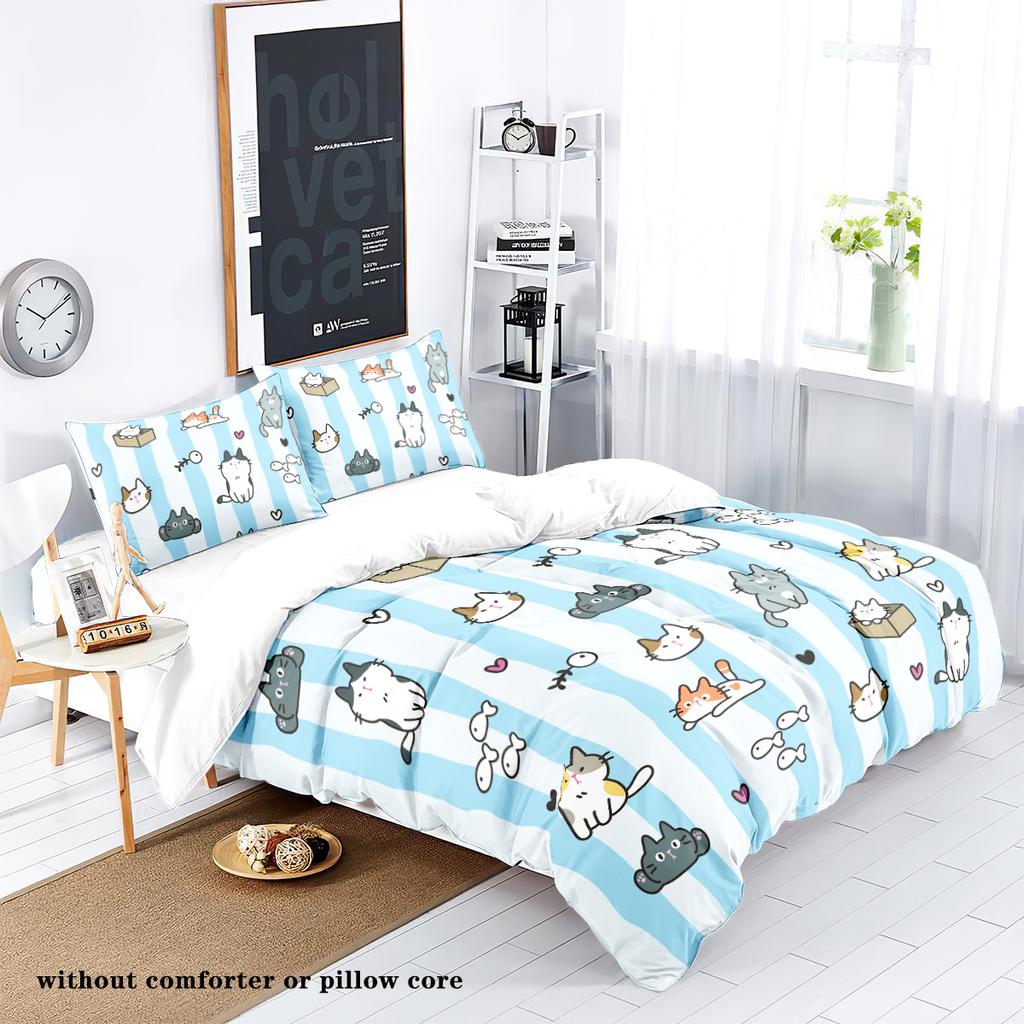 3-piece Down Duvet Cover with Blue Striped Cartoon Cat Pattern Print (1 Down Duvet Cover+2 Pillowcases, No Core) Bedding Set