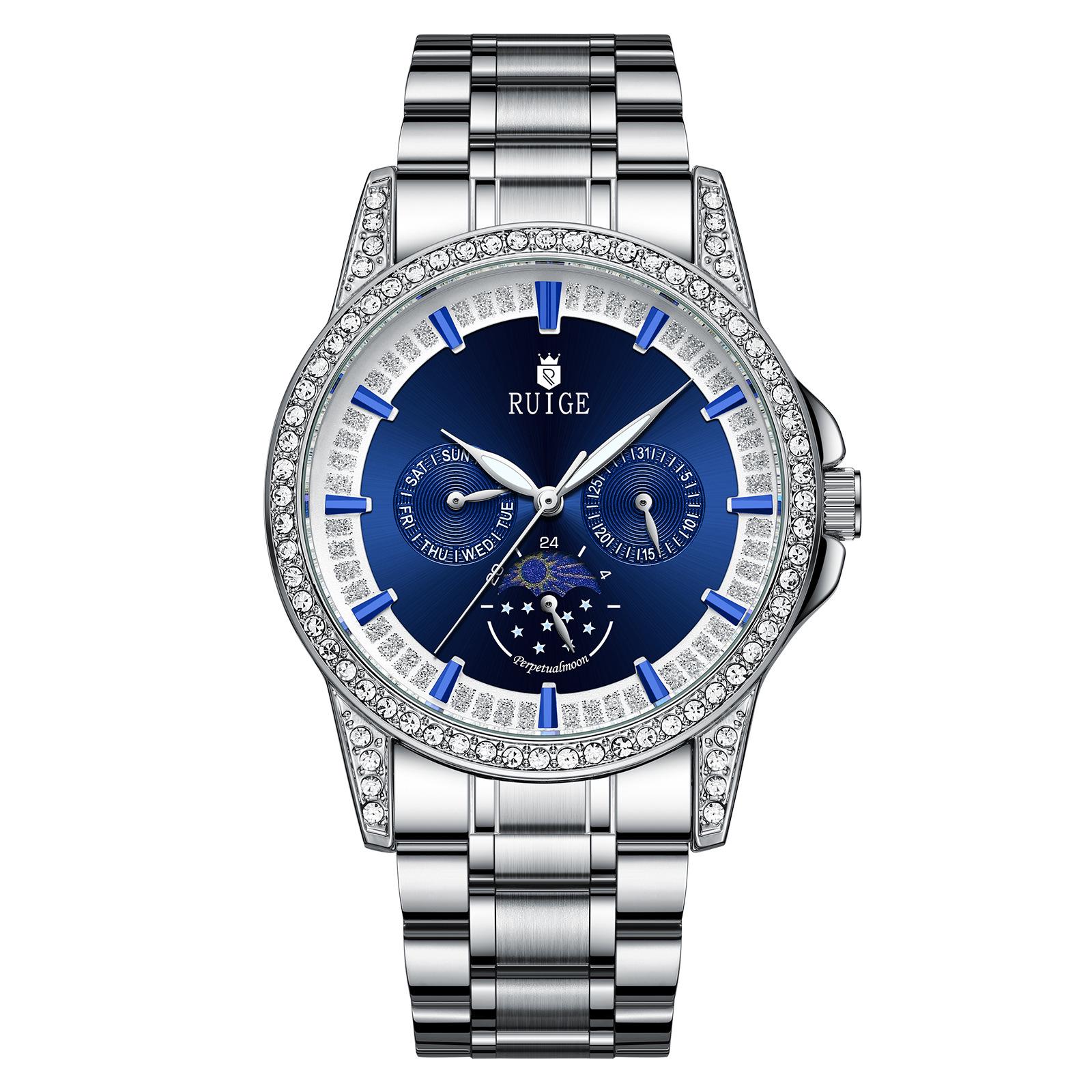 Men s Quartz Leather Strap Waterproof Wristwatch with Moon Phase and Six Hands - Casual, Business, Sports.