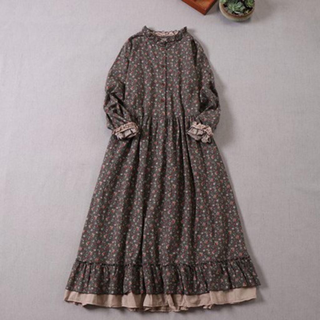 Women's Fashion Cotton Linen Long Sleeve Splicing Loose Large Size Floral Dresses