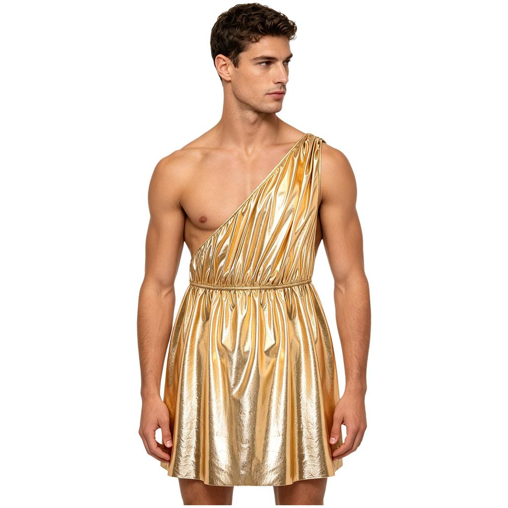 Herren Antikes Griechisch-Römisches Metallisch Glänzendes Toga Kostüm Ein Schulter Elastische Taille Tunika Kleid