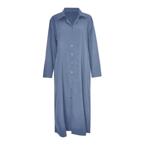 Damen-Frühlingskleid, Umlegekragen, locker, einreihig, langärmelig, reine Farbe, Knöpfe, Taschen, Hemdtyp, knöchellang, Herbst- und Alltags-Maxikleid