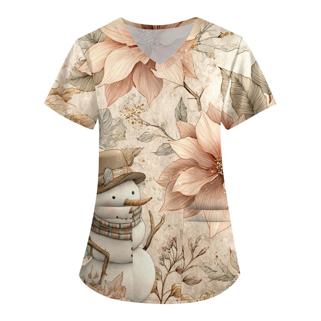 Women's Printing Uniform Work Uniform V-neck Pockets Basic Short Sleeve Pullover Top