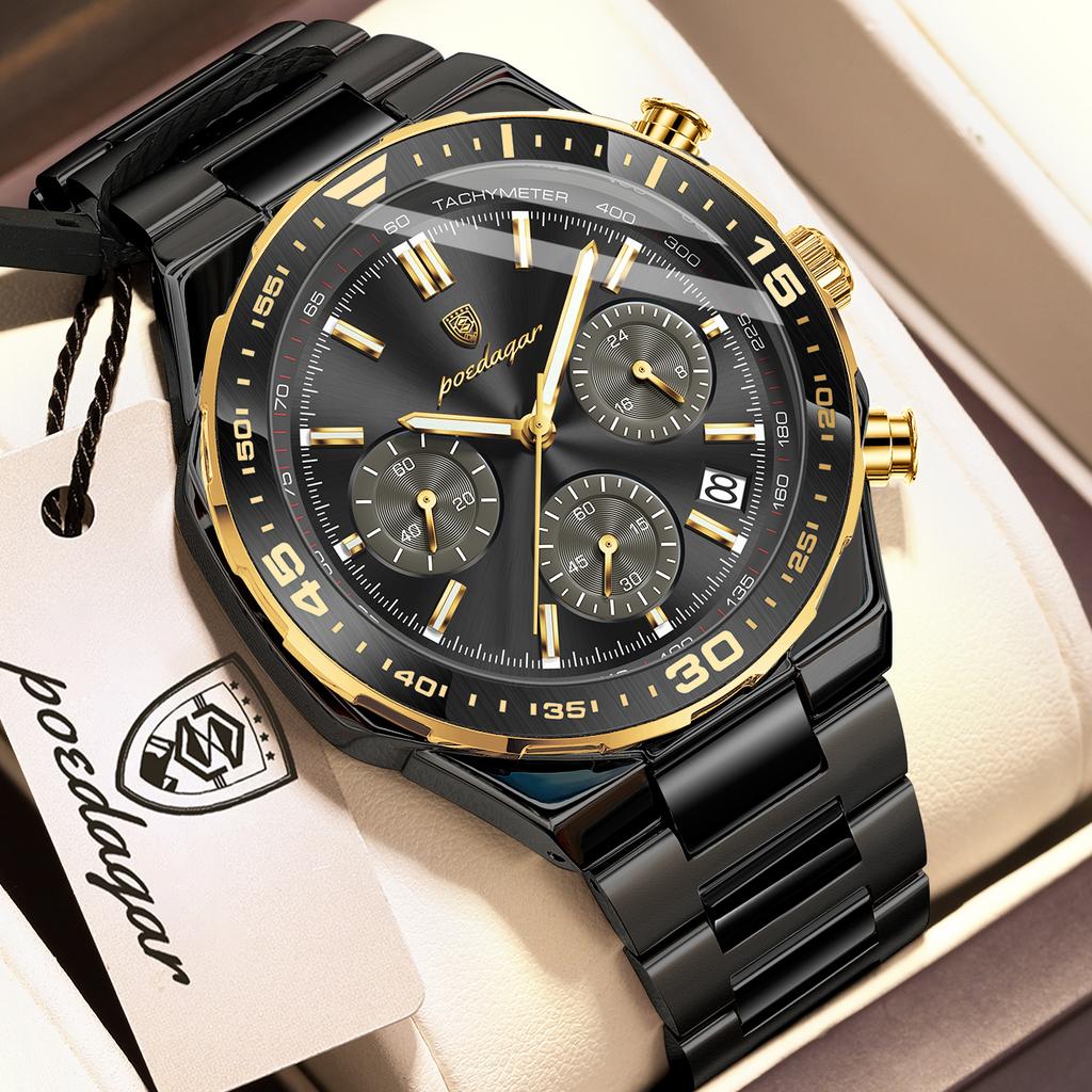 POEDAGAR Top Luxury Man Wristwatch Date Waterproof Luminous Chronograph Watch for Men Stainless Steel Quartz Watches Reloj