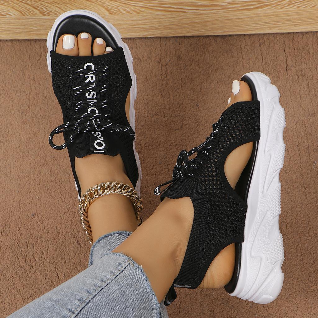 Fashion Women Sandals New Comfortable Knitted Platform Sandals Peep Toe Lace-Up Designer Versatile Casual Sporty Style Shoes for Women