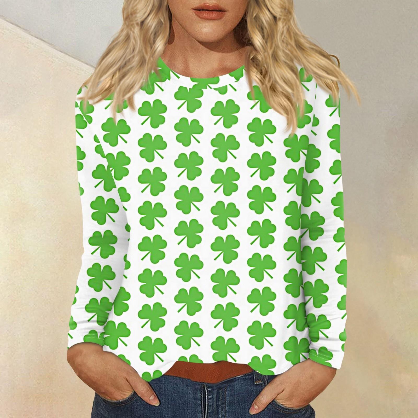 

Женская повседневная повседневная рубашка с длинным рукавом. Топ с круглым вырезом и принтом ко Дню Святого Патрика L