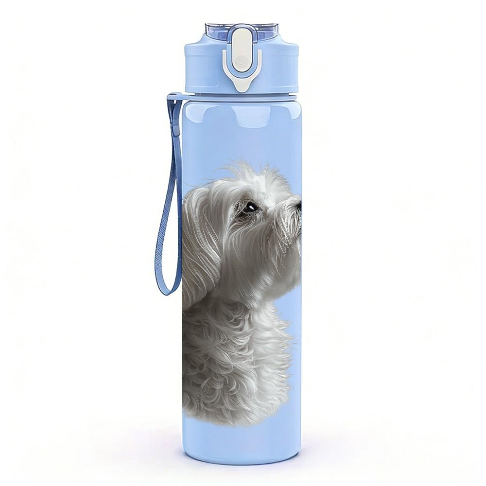 1PC Small White Fluffy Dog Pet Print 750ml Color Plastic Sports Water Bottle Leakproof Flip Straw Lid Suitable for Sports Office Home Use