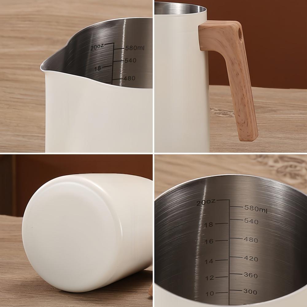 Coffee Milk Frothing Pitcher Jug 304 Stainless Steel Precision Scale Anti-scald Wood Grain Handle Professional Coffee Utensils