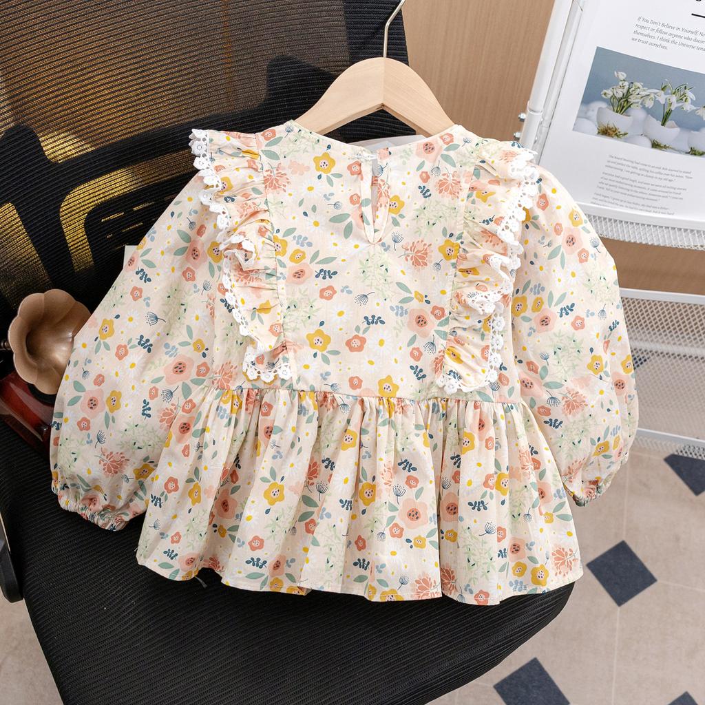 Girls Floral Shirt Two Piece Set Spring Autumn Baby Fashionable Long Sleeve Blouse Outfit Stylish Kids Clothes