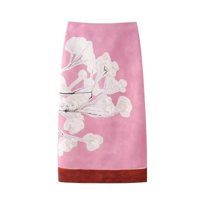 Spring/Summer New Retro Style High Waist Slit Skirt Linen Blend Print Straight Skirt 2394119