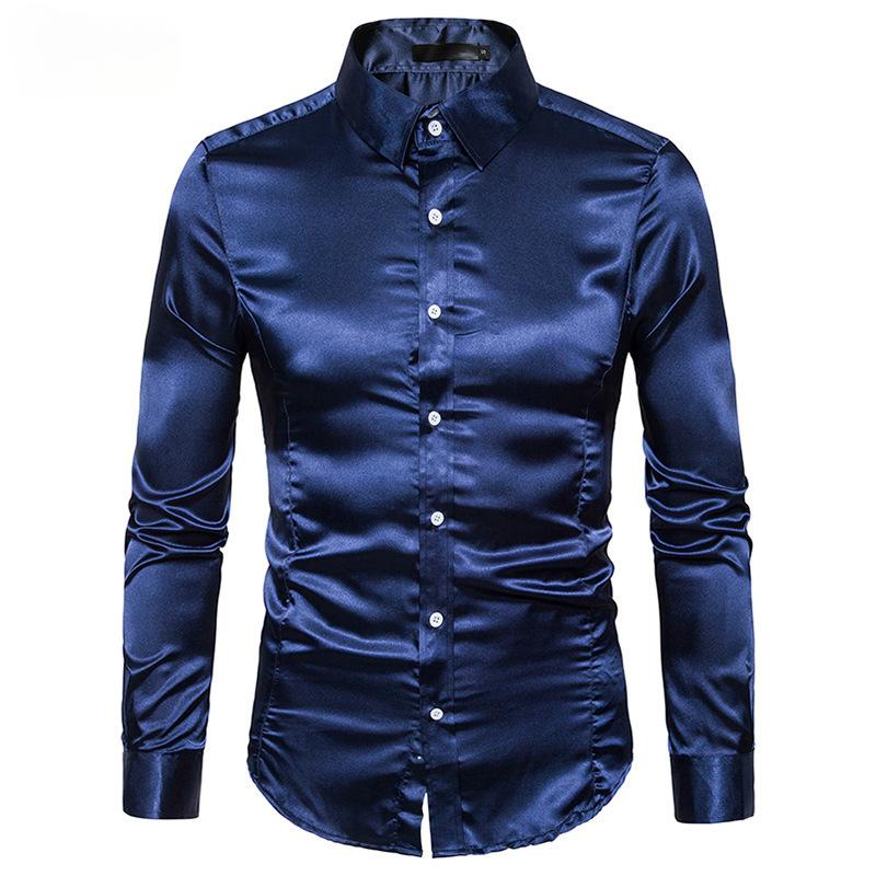 Cămașă casual pentru bărbați, culoare uni, rever multicolor lucios, cămașă cu mâneci lungi mărime europeană