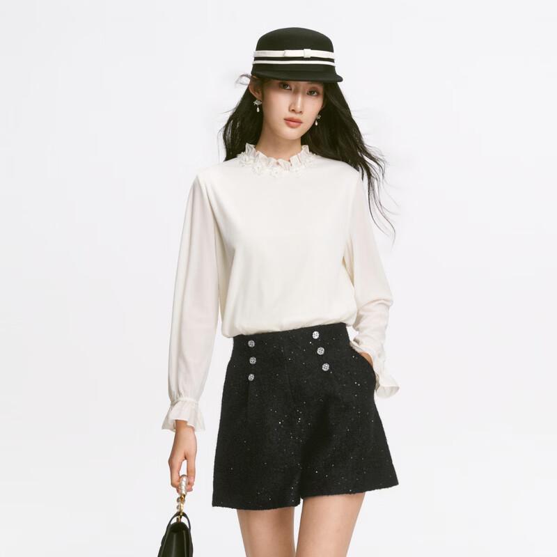 Qiusuiyiren Elegant 3D Floral Velvet Lace Stand-Collar Blouse