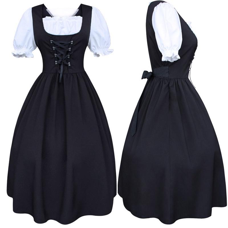 Womens Drawstring Medieval High Waist Bowknot Lace Up Cosplay Dress Costume