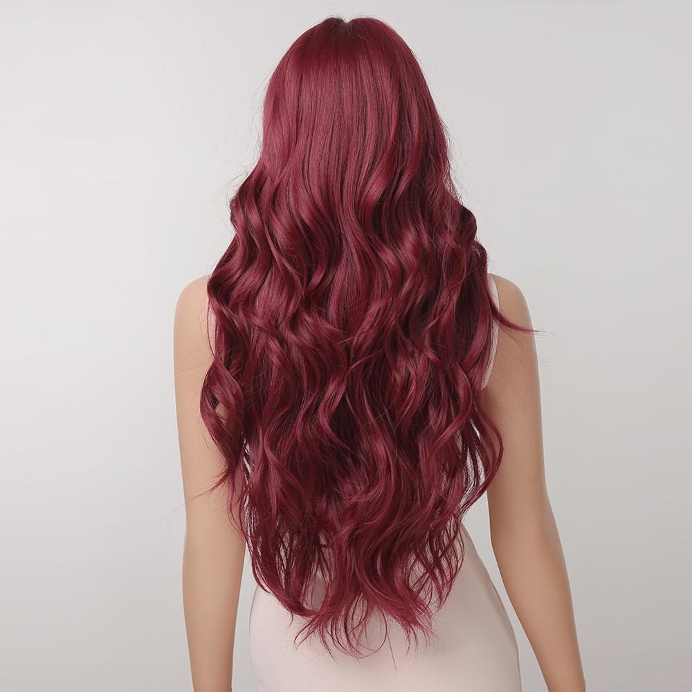 Lang Golvend Bordeaux Donkerrood Synthetisch Haar Pruiken met Pluizige Pony voor Vrouwen Wijnrood Body Wave Halloween Cosplay Natuurlijke pruik
