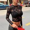 European and American Autumn New Thin Long-sleeved Lace Sexy Semi-transparent Slim-fit Top Women