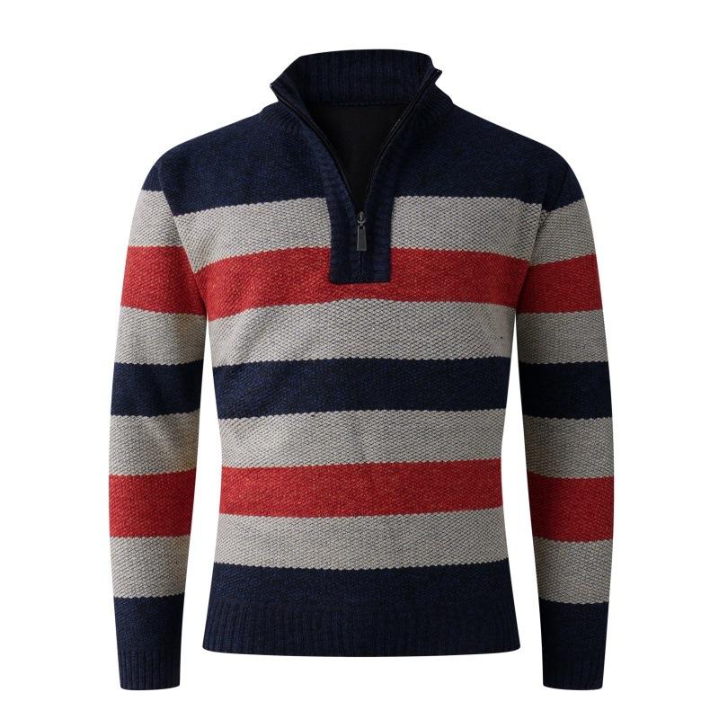 

Autumn And Winter Men S Striped Stand-Up Neck Sweater Semi-Zipper Piled Thickened Casual Knitted Sweater 3XL