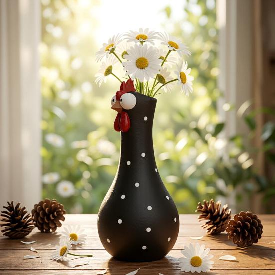 Long Neck Colorful Chicken Statue, Big Eye Cartoon Resin Rooster Vase, Funny Outdoor Cock-Shaped Vase for Lawn, Yard, Office, Home Decor