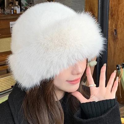 Big Fluffy Faux Fur Bucket Hat for Women Luxury Plush Fisherman Hat Warm Winter Hat Thicken Cold Snowy Day Panama Cap 2024