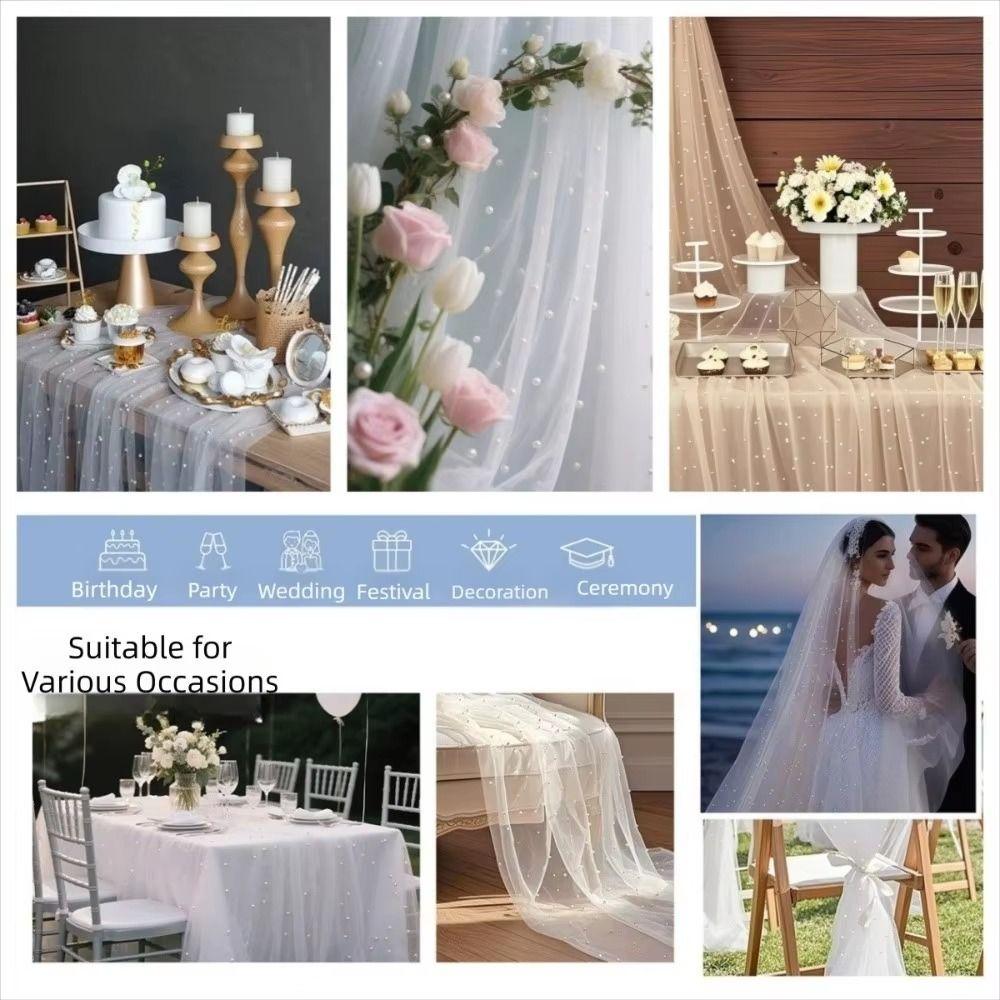 White Tulle Pearl Table Runner Sheer Table Cloth Table Decorations Bridal Veil  Birthday Party