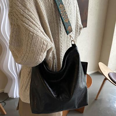 Vintage Solid Color Women  Shoulder Sling Bag High-Capacity Simple Wide Strap Bucket Crossbody Bag