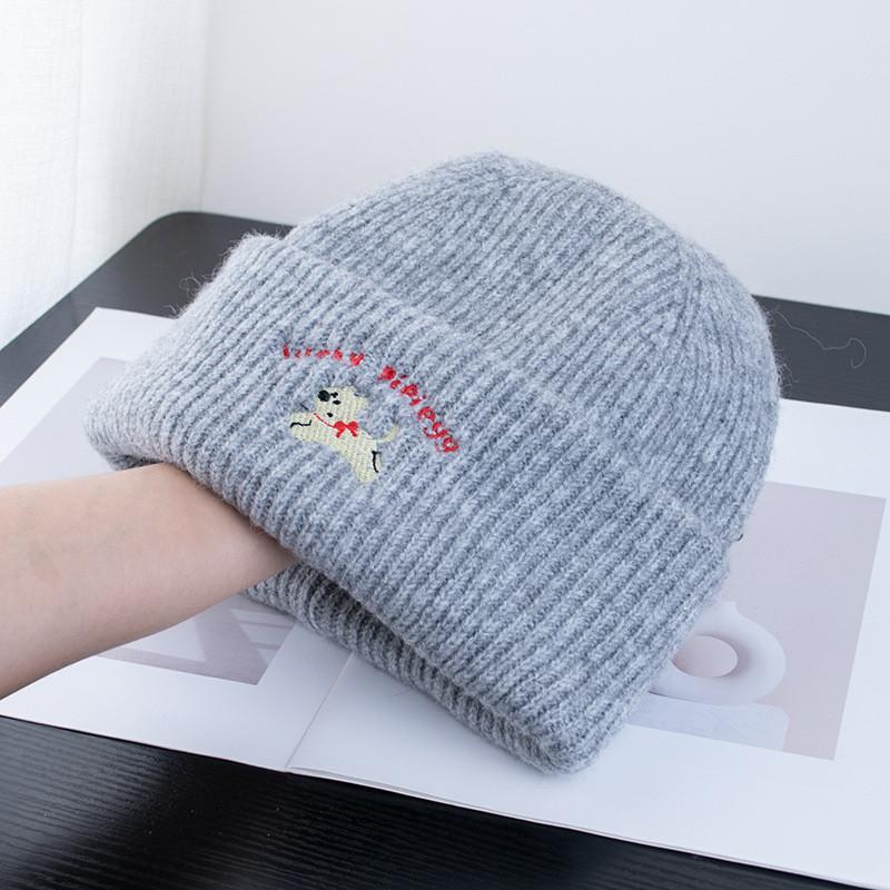 Knit Hat With Embroidered Dog And Alphabet Letters For Winter Warmth And Casual Style