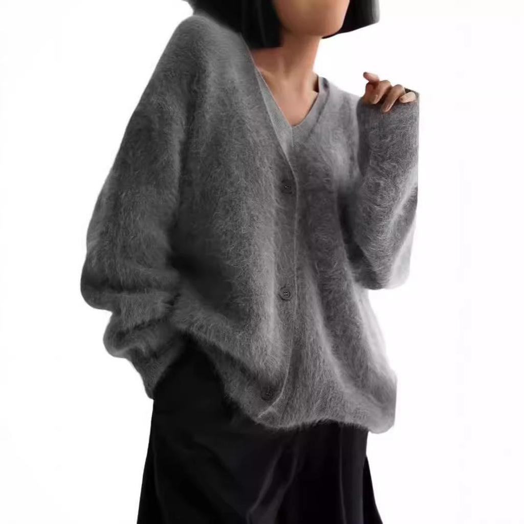 2024 Mink Hair V-Neck Cardigan: Loose Fit, Long Sleeve Sweater for Autumn/Winter Women