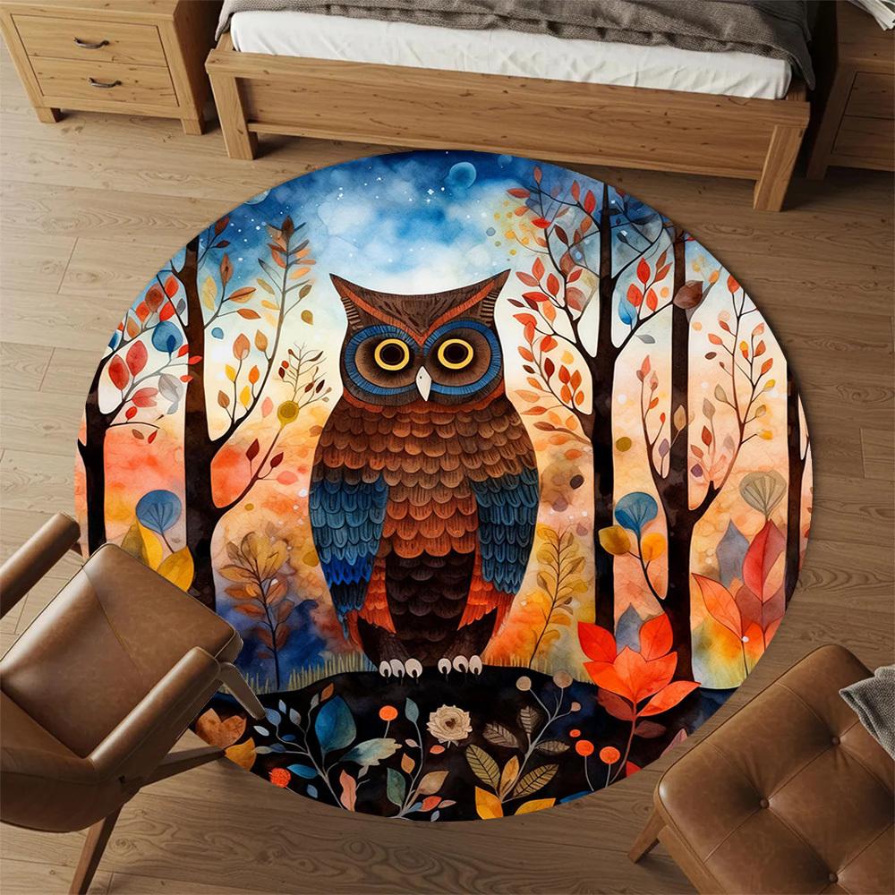 1pc Owl Forest Round Chair mat office Area Rug - Non-Slip, Floor Mat for Office, Bedroom, Ideal home decor gift p0105009