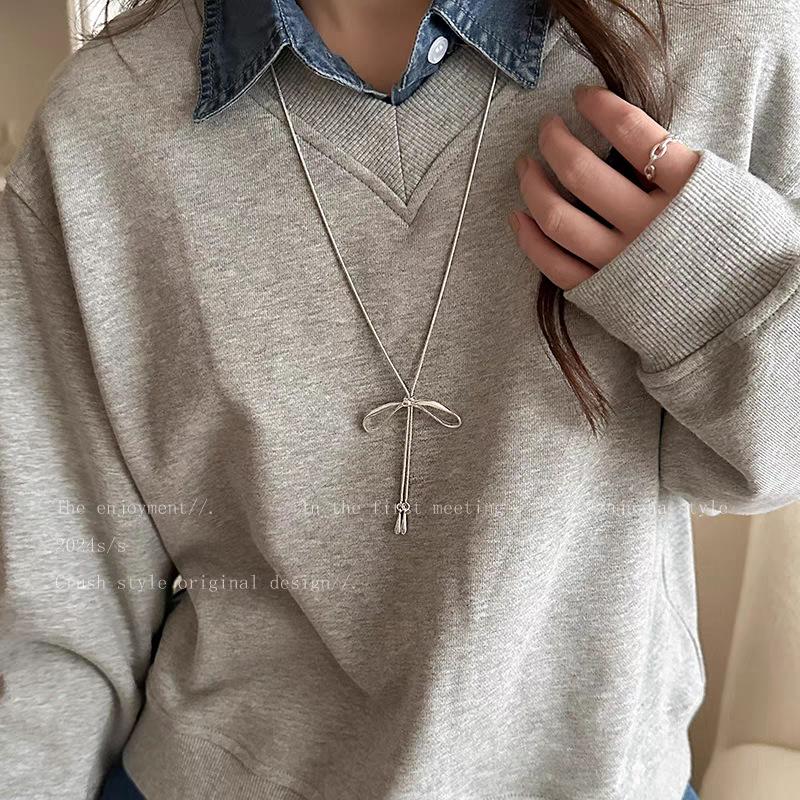 Silver Bow Pull-Out Necklace Women'S Simple Cold Style Long Accessories Sweater Chain Collarbone Chain