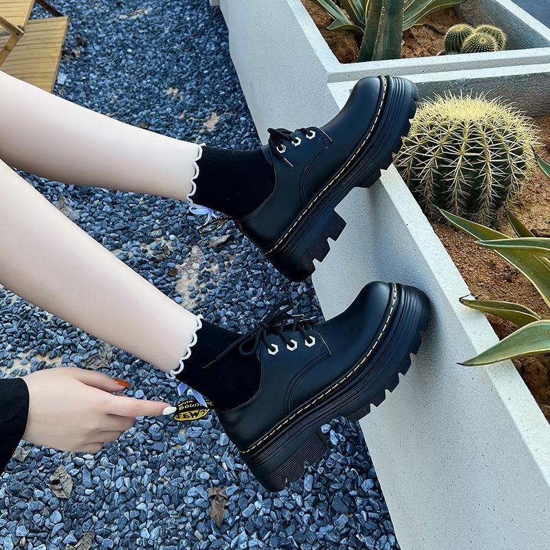 Thick-soled Derby single shoes autumn and winter new Martins heightened lace-up small leather shoes for women