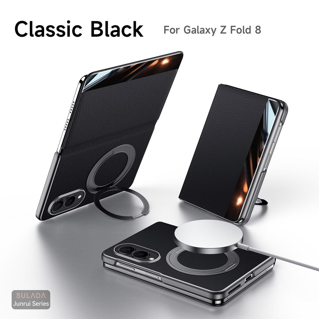 Original Luxury Genuine Leather Magnetic Case For Samsung Galaxy Z Fol8 Fold 8 Metal Ring Holder Bracket Window View Flip Cover
