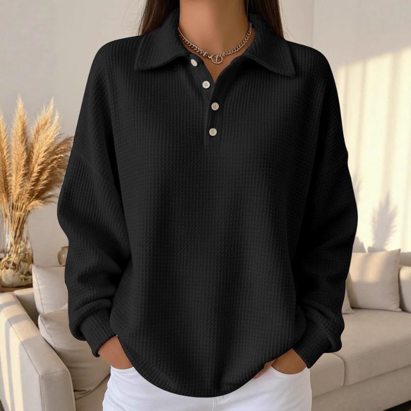 Loose Solid Color Turn Down Collar Waffle Long Sleeve Women Casual Polo Shirt