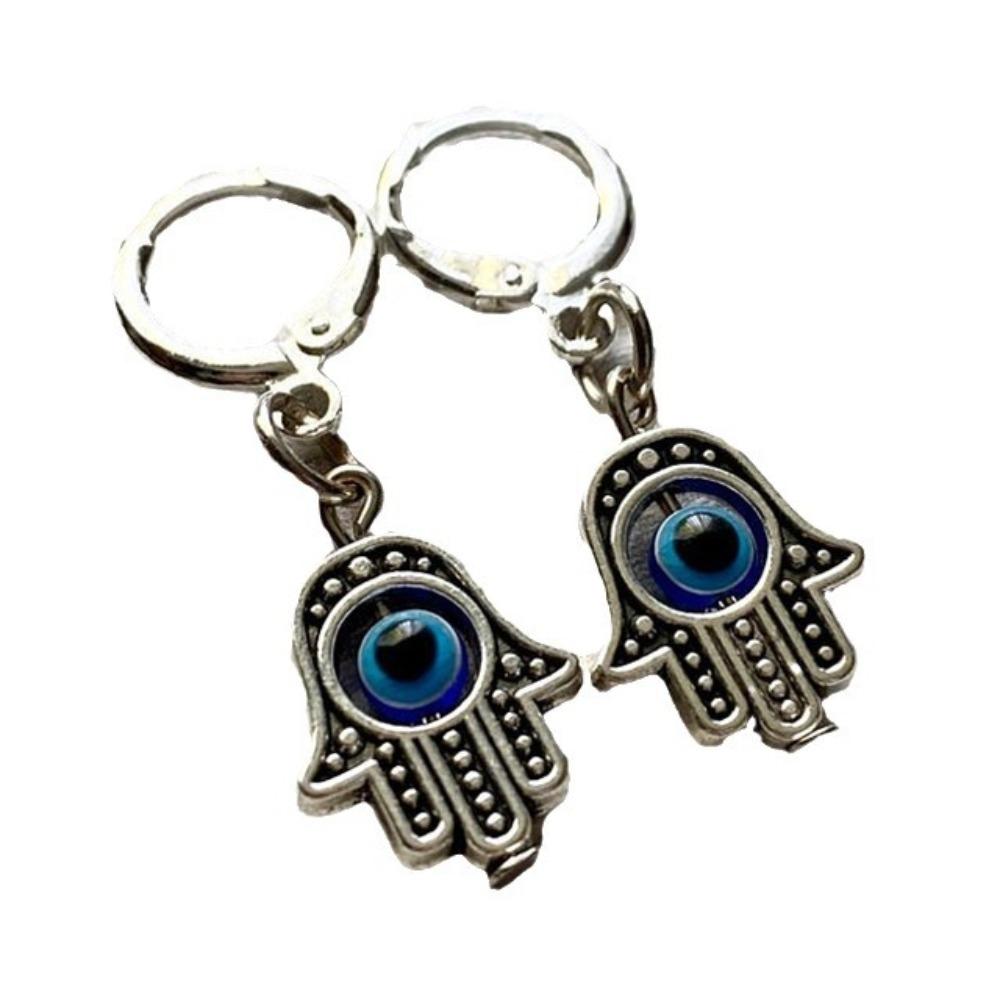New Gothic Charm Sliver Color Fatima's Hand Turkish Blue Eyes Devil's Eye Dangle Earrings for Women Men Halloween Amulet Jewelry