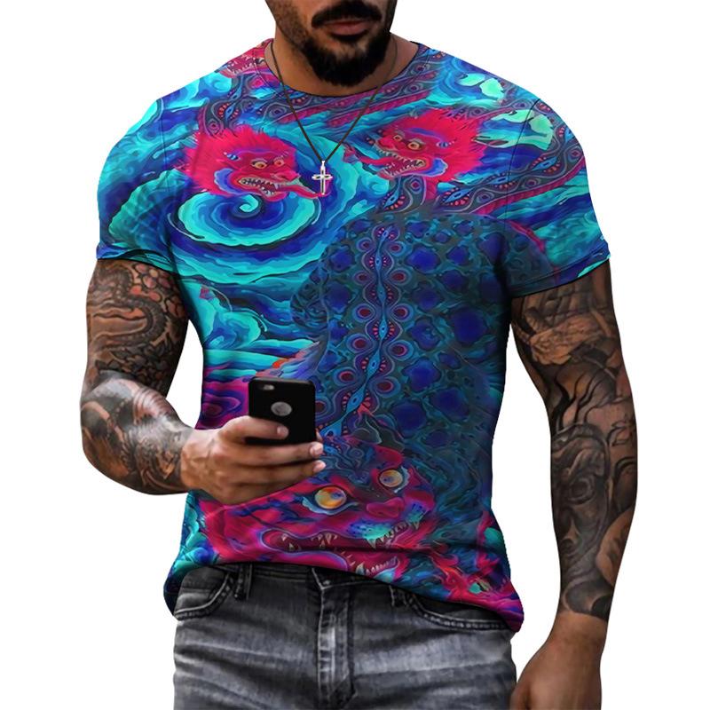 Summer Round Neck 3D Vibrant Ethnic Print Top Fashionable Casual Short Sleeved Men's T-shirts